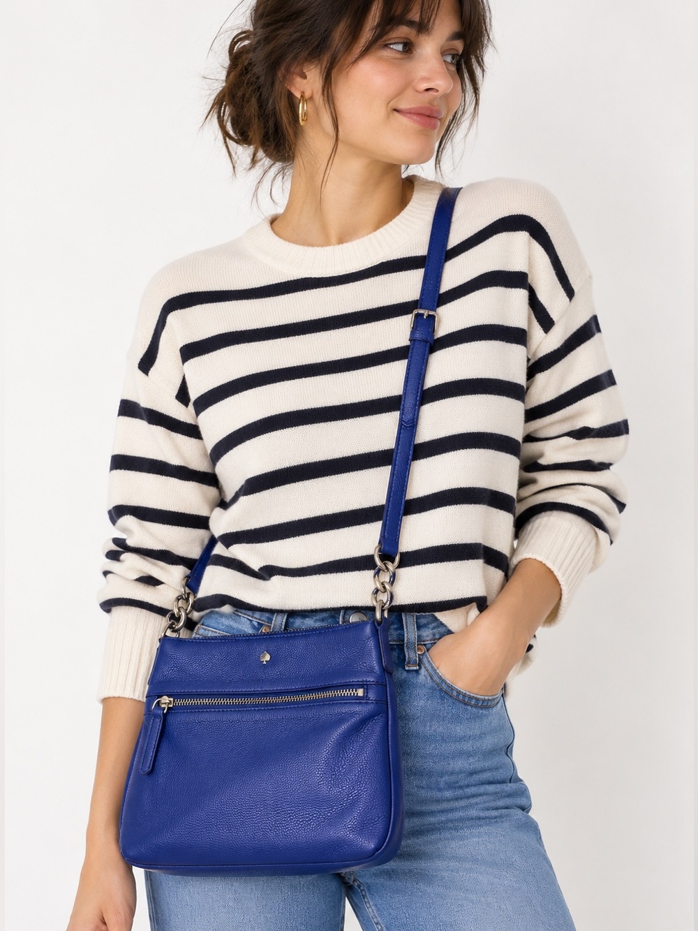 Kate Spade Cobalt Blue Pebbled Leather Crossbody Bag Zip Pockets